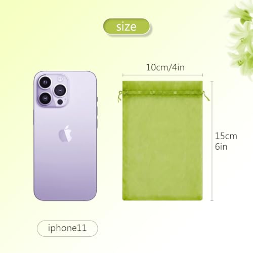 Image of FUNFERY 100Pcs Green Organza Bags 4x6 in,Small Mesh Drawstring Gift Bag | Little Jewelry Bags for Wedding Party Favors, Mini Drawstring Pouch for Sachet, Candy, Goodie, Treat Bag for Easter Day