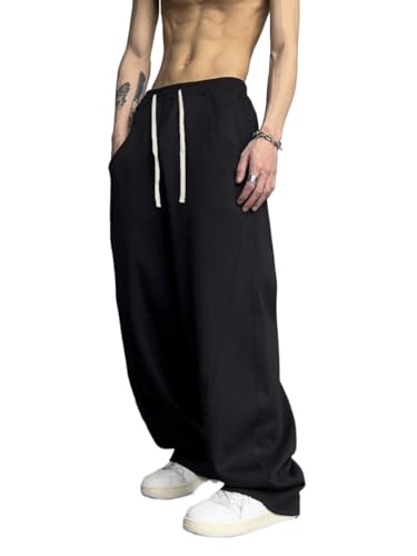 Mens Casual Pants Y2k Baggy Elastic Waist Drawstring Wide Leg Sports Track Mens Athletic Sweatpants with Pockets