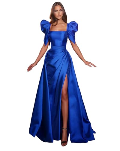 Square Mermaid Prom Dresses 2023 with Slit Long Satin Puff Sleeves A-Line Pleated Formal Evening Party Gowns with Train4