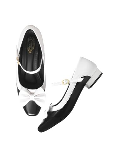 Image of Shoetopia Women's Black & White Mary Jane Heels | Retro Bow Detail Pumps with Strap | Low Heel Dress for Party, Casual & Wedding