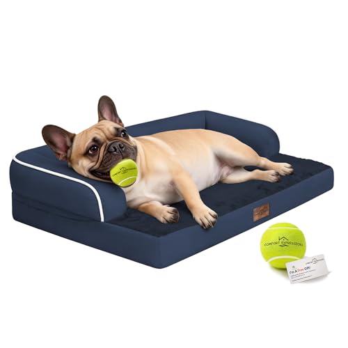 Image of Comfort Expression Washable Orthopedic Dog Bed for Large Sized Dogs | Waterproof Memory Foam Pet Bed 36x27 Inch with Removable Cover with Non-Slip & Bolster, Navy Blue