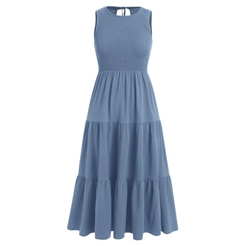 Robe longue smockée à volants pour femme idéale pour l'été décontracté