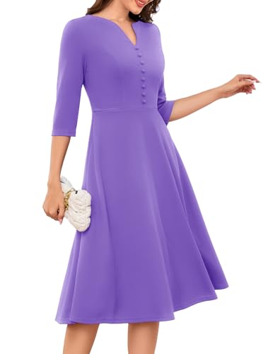 DRESSTELLS Cocktailkleid Damen Hochzeitgast Kirche Kleider mit 3/4 Ärmeln Vintage Swing Langarm...