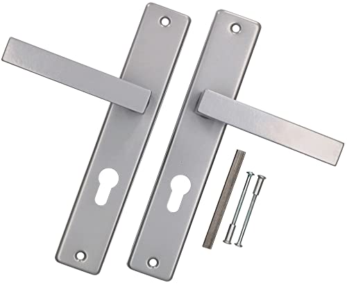 KOTARBAU® Juego de manillas para puerta, Manilla con agujero de cilindro 72 mm, Manijas de puerta de acero inox, 2 Manetas de placa larga, Palancas cuadradas, Picaportes plateados, Interior y exterior
