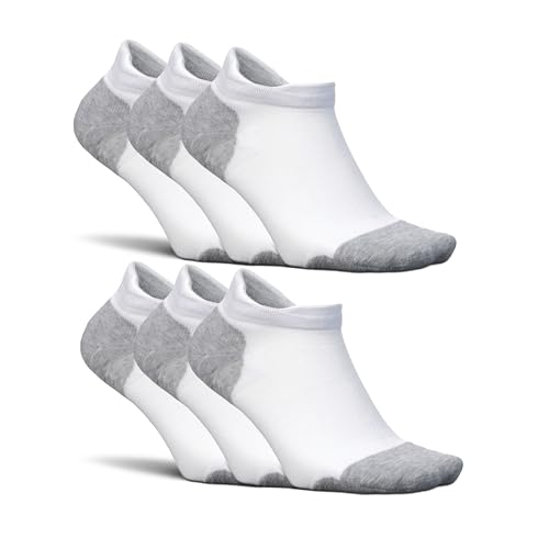 Feetures Elite Max Cushion No Show Tab Ankle Socks - Sport Sock with Targeted Compression - New White, S (6 Pair)
