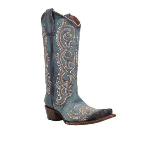 Image of Corral Boots Womens Blue Jean Embroidered Snip Toe Casual Boots Mid Calf Mid Heel 2-3 inch - Blue