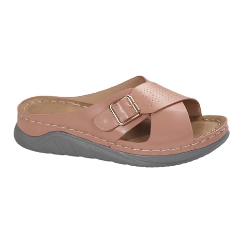 Zapatillas de estar por casa para mujer, de piel, con cuña, estilo vintage, para el tiempo libre, con tacón y plantilla, sandalias romanas de un solo color, Rosa., 41 EU