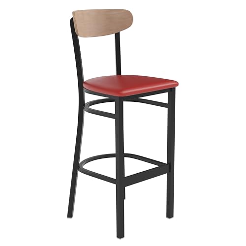 Image of Flash Furniture Wright Commercial Barstool - Natural Birch Finish Wood Boomerang Back - Red Vinyl Seat - 500 LB. Capacity Black Steel Frame - Integrated Footrest