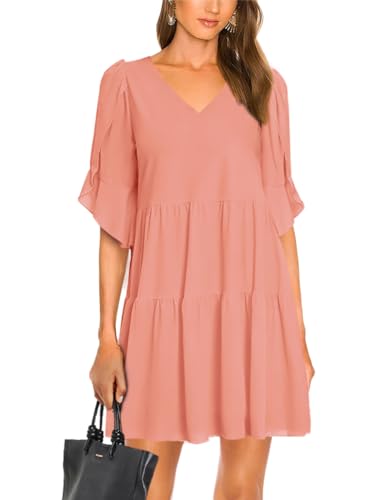 SEBOWEL Freizeitkleid Damen Gestuftes Kleider Skaterkleid Kurz Lose Kurzarm Minikleid Rosa M