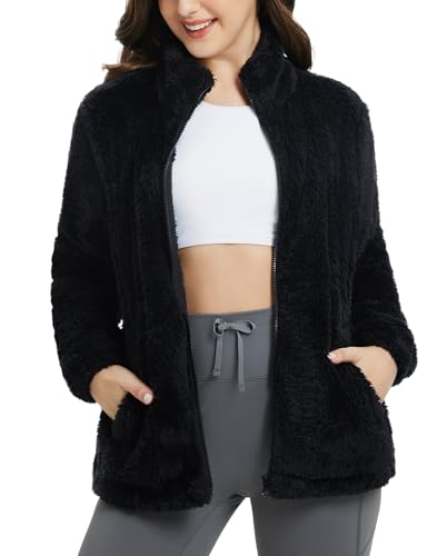 baleaf Fuzzy Fleece Jackets for Women Warm Coat Mid-Layer for Ski Snowboard Hiking Running Cold Weather Gear Black L