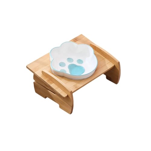 Apaeofl 猫食器 ご飯台 小型犬 食器スタント ペット用食器 セラミック ペットプレースマット付き 15度の角度傾斜 竹製 陶製 フードボウル おやつ皿 お水入れ 餌入れ おしゃれ 人気 食べやすい ピンク (【ブルー】シングルボウル)