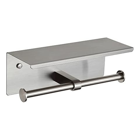 Toilet Paper Holder with Shelf Brushed Nickel Double Head Toilet Tissue Roll Holder 304 Stainless Steel Wall Mount for Bathroom Cover