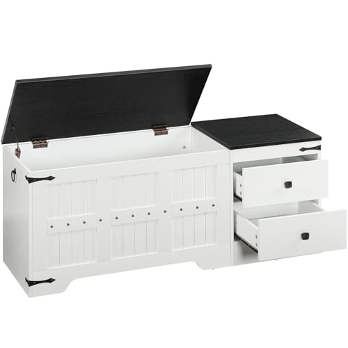 HOOBRO Storage Bench, Toy Box with Dual Drawers and Safe Hinge, Storage Chest with Extra-Long Thick Top, Easy Assembly, Multipurpose Storage Trunk, for Living Room, Bedroom, White and Black WB212CW01