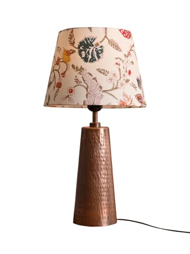 Image of Green Girgit Copper Etched V-Shaped Lamp with Multicolor Taper White Shade, Modern Table Lamp with Floral Shade, Hammered Copper Base (LED Bulb Included)