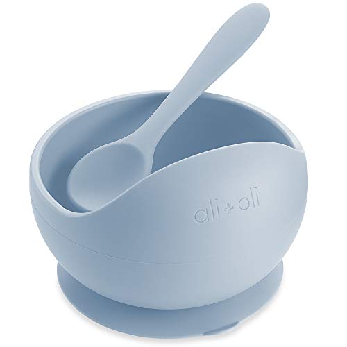 Image of Ali+Oli Silicone Suction Bowl & Spoon Set (Cloud) Unbreakable Suction Bowls for 6 Months and Up, Self Feeding Utensils, First Stage Baby Feeding Supplies