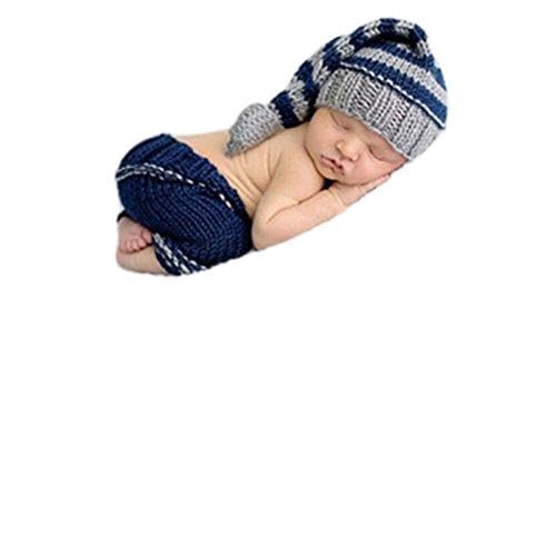 Image of Newborn Baby Photo Shoot Props Girl Boy Crochet Knit Hat Costume Stripe Hat Pants Overalls Photography Props