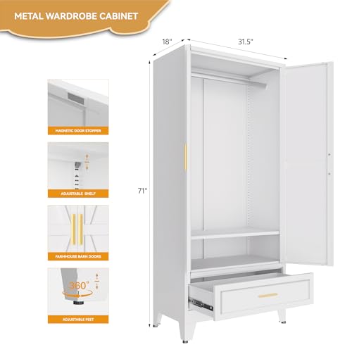 Image of Metal Wardrobe Closet for Bedroom, 71 inch Freestanding Armoire Wardrobe with Drawer and Shelf, Hanging Rod Clothing Storage Cabinet with Two Doors, Tall Farmhouse Clothes Cabinet Bedroom Armoires