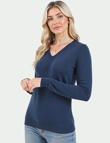 Image of Long Sleeve Knit Lightweight Sweaters Pullover V Neck Basic Spring Fall Sweaters for Women Soft Casual Tops