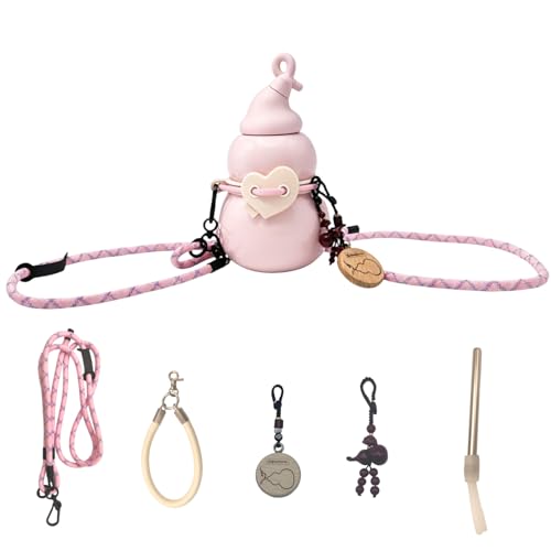 Light Pink Insulated Water Bottle with Stainless Steel Straw for Women, 15oz (450ml) 316 Stainless Steel Leak Proof Gourd-Inspired Bottle with Adjustable Strap, Cute for Travel Sports Commuting Gift