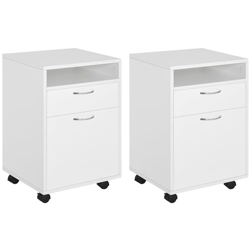 HOMCOM Lot de 2 caissons de Bureau Rangement de Bureau sur roulettes tiroir Placard Niche Panneaux Particules Blanc