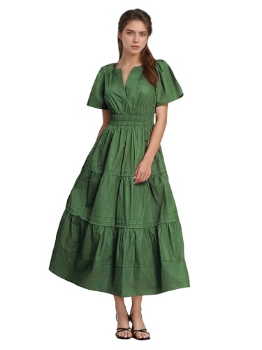 Image of ShallWe Women's Basic Plain Summer Dress Casual Long Maxi Short Sleeve Layered Cotton V Neck A Line Fashion Travel
