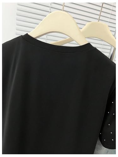 Image of RoseSeek Women's Beaded Sequin Tops Bowknot Bow T Shirt Short Sleeve Crewneck Trendy Tee Top Y2k Tops