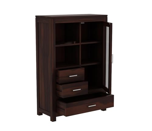 Image of Wood Book Shelf for Home Library || Wooden Cabinet with Glass and Drawer Storage || Crockery Cabinet for Kitchen || Book Shelfwith Door (Walnut Finish)