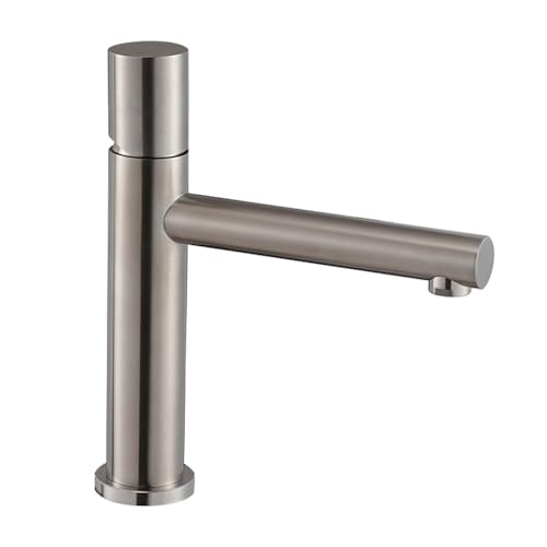 Rubinetto lavabo satinato senza leva in acciaio inox, manopola rotante e indicatori per l’acqua, GEMINI