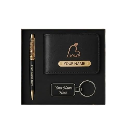 Customized Wallet with Keychain and Golden Pen, Personalized Name Gift for Office | Personalised for Husband, Boys (Black)-image-23