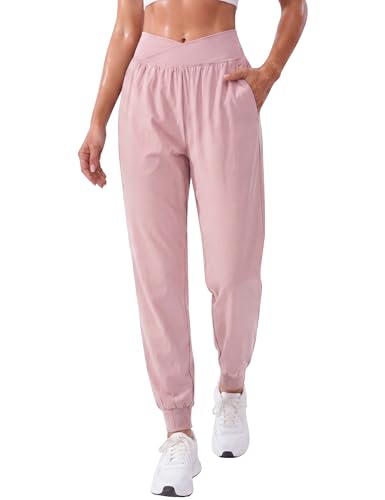 BMJL Womens Lightweight Active Pants - Cross Waist High Rise Joggers for Travel & Fitness - Thin Breathable Quick Dry Athletic Sweatpants(X-Large Light Pink)