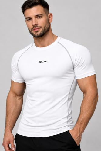 Image of BULLAR Men's Polyester Blend Compression T-Shirt, Half Sleeve Athletic Sports Tight, Crew Neck, Slim Fit Tshirt for Fitness and Workout