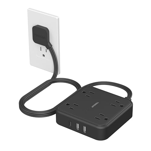 Surge Protector Flat Extension Cord 5FT, TESSAN Flat Plug Power Strip with 4 Outlets 3 USB C Ports (1 USB C), 900 Joules Protection, Multiple Wall Outlet Extender Suitable for Home Office Dorm, Black