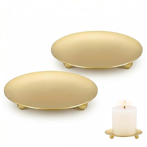 2PCS Retro Metal Candle Holder Plates (3.5 Inch) - Pillar Candle Stand & Tray Set Premium Round Metal Plates & Trays for Christmas Wedding Party & Home Dinner Table Decor (Gold)