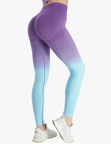 0919 Women's High Waist Ombre Yoga Leggings, Seamless Workout Pants, Gray and Pink4