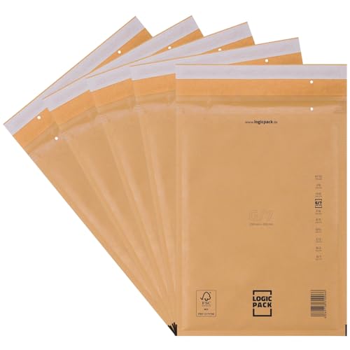 LOGIC PACK 10 Luftpolsterumschläge Luftpolstertaschen Braun G7 250 x 350 mm Gepolsterte Briefumschläge, Haftklebend Versandtaschen mit Luftpolsterfolie für DIN A4