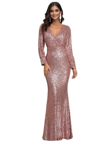 Mermaid Evening Party Gown Formal Wedding Guest Dress Floor Length Long Sleeve V Neck Sequin Fitted Elegant Prom Dress 20252