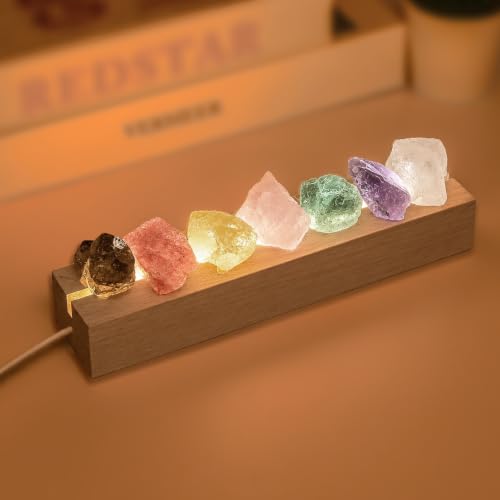 HYAMVOR Healing Crystal Night Light 7 Chakra Natural Stone Bedside Lamp with Wooden LED Base 3 Color Dimmable Mood Light for Meditation Reiki Positive Energy Gemstone Lamp Home Decor (Plug-in)