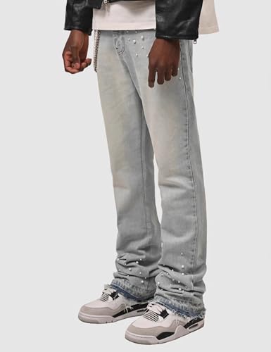 Mens Y2k Rhinestone Jeans Denim Pants Slim Fit Straight Leg Jeans Ripped Pant Sparkly Pearl Trousers Streetwear3