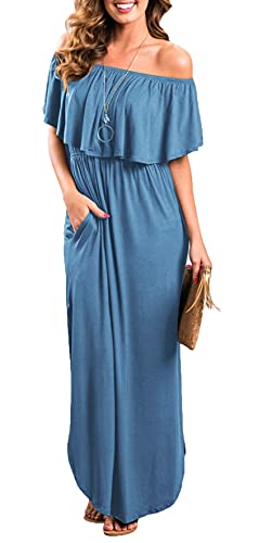 Image of Sarin Mathews Womens Off The Shoulder Ruffle Party Dress Casual Side Split Beach Long Maxi Dresses with Pockets