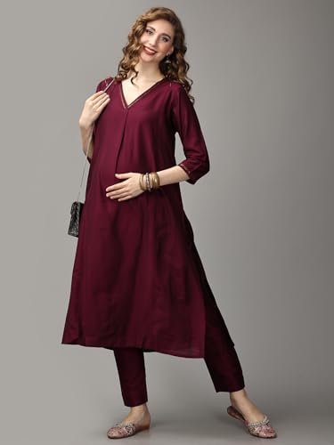 Image of The Mom Store Maternity Nursing and Feeding Kurta Set | Nursing Zippers | Pre and Post Pregnancy | Raw Silk | Kurta Pant Set | Solid |