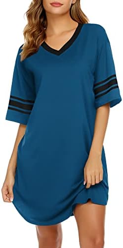 Ekouaer Women's Nightgown Cotton Sleep Shirt V Neck Short Sleeve Loose Comfy Pajama Sleepwear,A_blue,Medium