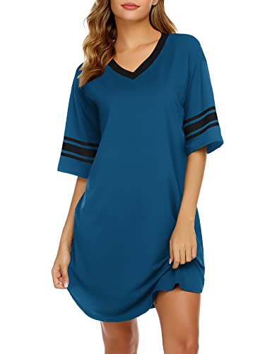Ekouaer Women's Nightgown Cotton Sleep Shirt V Neck Short Sleeve Loose Comfy Pajama Sleepwear,A_Blue,Medium #TOP1