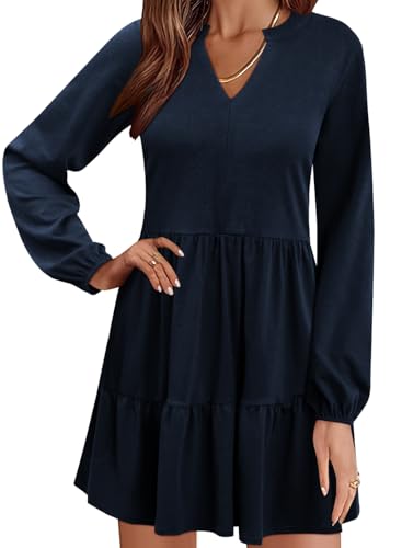 QACOHU Women Fall Tunic Dress 2025 V Neck Casual Tiered Long Sleeve with Pockets A-Line Swing Mini Babydoll Dress