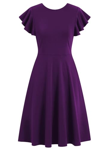 Image of MSLG Women's Fit and Flare Ruffle Short Sleeves Dresses Work V-Back Cocktail Semi Formal A Line Dress with Pockets 842