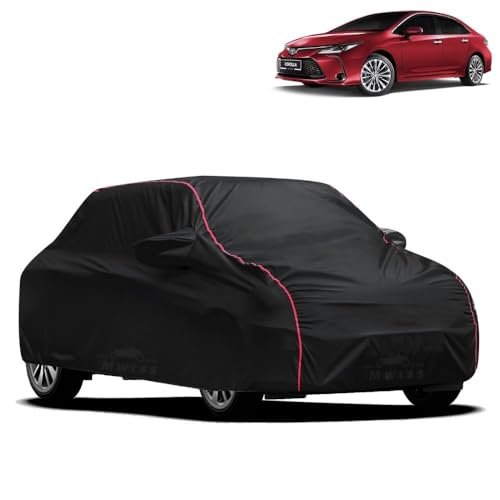 Image of Waterproof Car Cover for Toyota Altis | All-Weather Protection, Dustproof & UV Resistant | Triple Stitched Mirror Pockets, Windproof Buckle Strap with Elastic Hem, Black-Red Piping