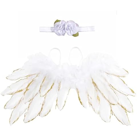 June Bloomy Baby Angel White Feather Wings Gold Trimming Flower Headband Set Photograph Props (White Golden Trimming) Cover