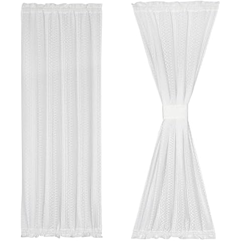 RLoncomix 2 Pcs White Lace French Door Curtain Boho Geometric Voile Curtains Light Filtering Small Sidelight Curtain Panel for Glass Door Patio Front Door Tie-Backs Included, 26 x 40 Inch Cover