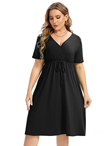 Image of ShopWonder Plus Size Dress Women's V Neck A-Line Knee Length Wrap Swing Dresses Plus Size A Line Party Mini Dress