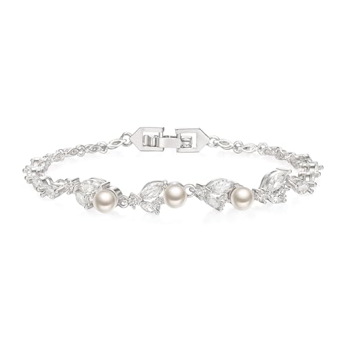 Crysdue Cubic Zirconia Simulated Pearl Bridal Wedding Leaf Filigree Tennis Bracelet for Brides Bridesmaid Birthday Mothers Christmas Valentines Day Jewelry Gifts for Women