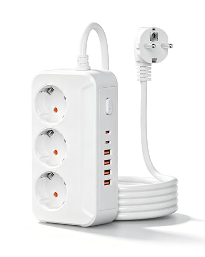Steckdosenleiste 3 Fach mit USB C, Mehrfachsteckdose mit 4 USB-A...